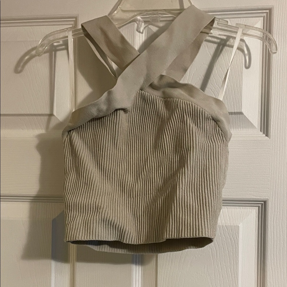 Babaton Taupe Ribbed Cross-Back Crop Top